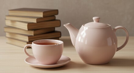 Elegant pink teapot and teacup with books creating a calm and inviting still life scene