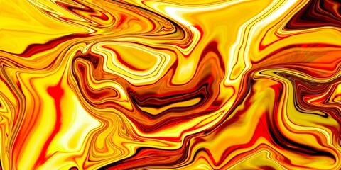 A vivid abstract artwork with swirling patterns of yellow, orange, and red, resembling molten lava or fiery liquid in motion.

