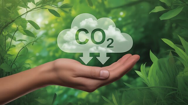 Human hand holding cloud with C O2 symbol and downward arrows amidst green foliage carbon dioxide