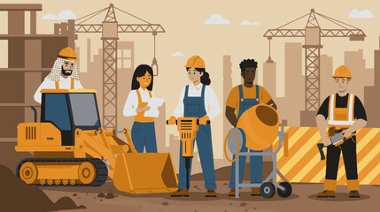 Flat vector illustration showing teamwork, industrial development, and safety equipment in a modern urban construction environment.