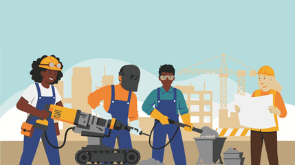 Flat vector illustration showing teamwork, industrial development, and safety equipment in a modern urban construction environment.