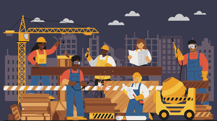 Flat vector illustration showing teamwork, industrial development, and safety equipment in a modern urban construction environment.
