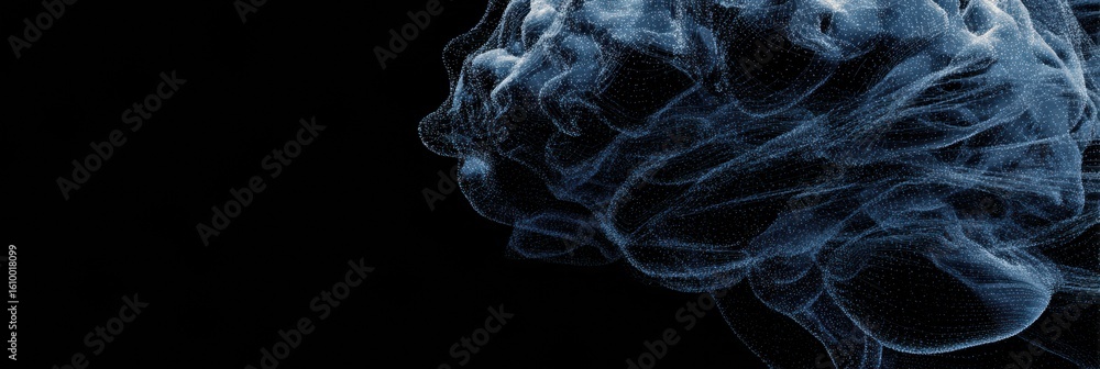 Poster close-up view of a brain topology map showcasing intricate neural connections against a dark backdro