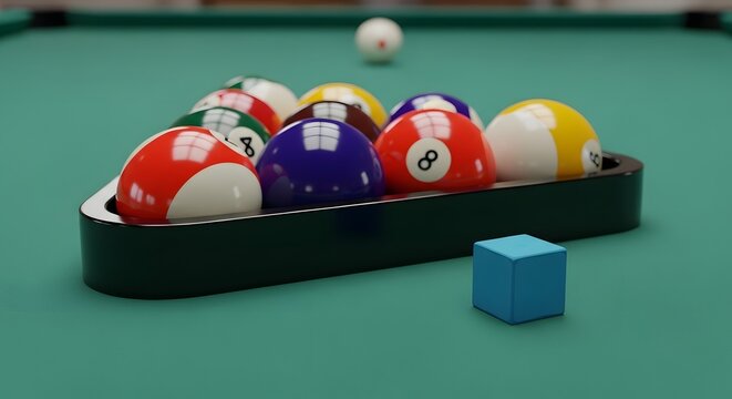 Billiard balls racked on a green pool table, with a blue chalk cube and cue ball in the background.