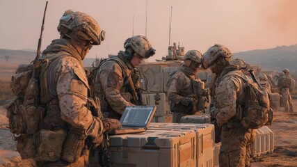 Military Personnel Using Laptop in Desert Operation