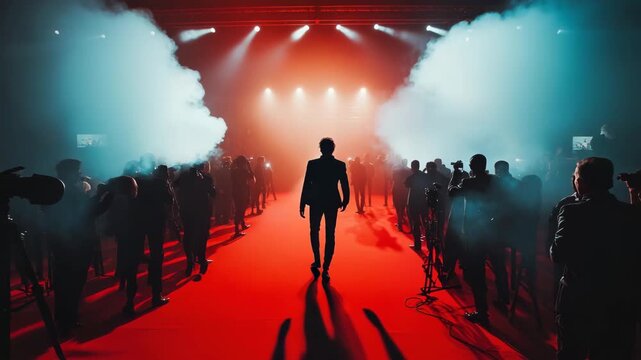 A lone figure walks a red carpet, surrounded by a crowd and flashing cameras under dramatic lighting