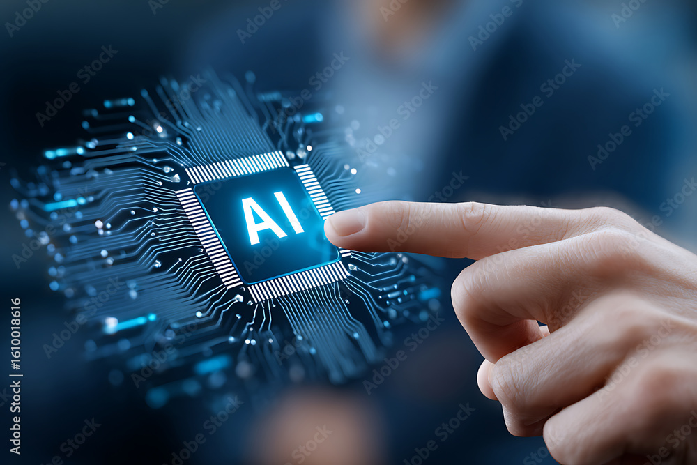 Poster hand touching glowing ai chip on digital circuit background in a modern technology setting