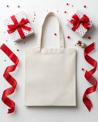 Flat lay of branded tote bag with small wrapped gifts and tag.