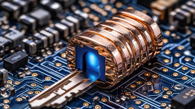 Key inserted in lock with digital background