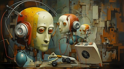 Robots gathered, exploring innovation and futuristic designs. The robots exude technological advancement and artificial intelligence