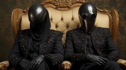 Two figures in unique black masks and attire are seated in a luxurious setting, creating an intriguing visual contrast