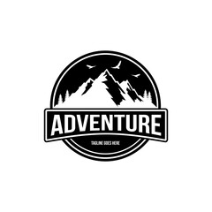 monochrome adventure logo with mountain illustration