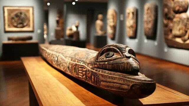 Intricately carved wooden ceremonial canoe displayed in a museum setting, showcasing detailed artistry