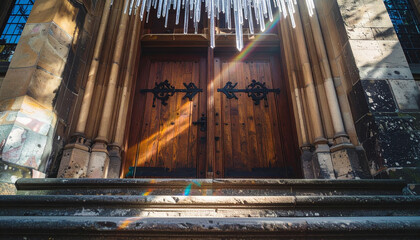 Gothic Church Doors with Hanging Crystal Prism Rainbows . Wedding Concept. Generated Image