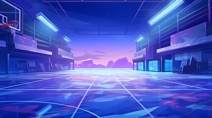 A modern basketball court at night, lit by neon lights, offering a view of a mountain silhouette. The floor gleams, reflecting the vibrant atmosphere.