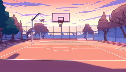 Basketball court at sunset in tranquil atmosphere. An empty outdoor court with the backdrop of a sunset sky evokes a sense of solitude and the quiet anticipation of a game