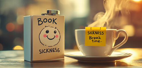 White alarm clock with "Book Sickness" written on it and a smiley face, note with "Break Time" written next to a coffee cup, warm blurred background