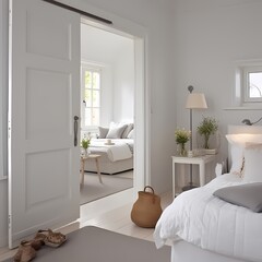 An elegant bedroom interior with a partially open door, offering a glimpse into a second, similarly designed space. Soft, natural light floods the room.