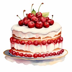 A delicious watercolor cake adorned with ripe cherries