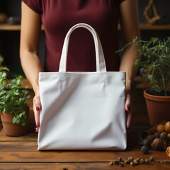 Woman holding a white tote bag. The scene is set against a backdrop of wooden shelves and potted plants.