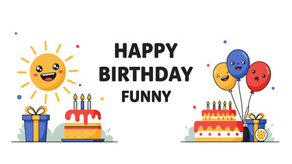 Fototapeta premium Funny Birthday Celebration with Cake, Balloons, Gifts, and Sunshine in a Colorful Graphic Design