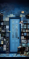 A mysterious blue door invites exploration in a whimsical room. The scene has the ambiance of night time.  A diverse collection of framed pictures.