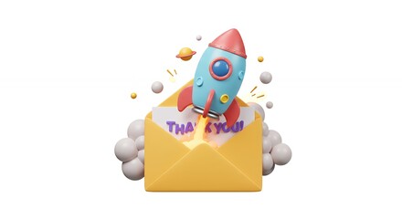 Obraz premium Rocket launching from envelope communication success