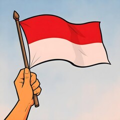 A hand holding a flag with the word Indonesia on it. The flag is red and white. Scene is patriotic and celebratory. Indonesian flag. Indonesian Independence day. 