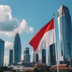A red and white flag is flying in front of a city skyline. Concept of patriotism and pride in the city's identity. Indonesian flag. Indonesian Independence Day. 
