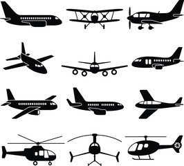 Airplane and helicopter silhouettes collection, various aircraft types, commercial planes, small aircraft, propeller planes, helicopter side view, flight icons, aviation vector set