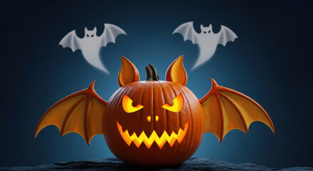 Fototapeta premium A Bat-Winged Pumpkin with an Evil Grin, Illuminated Against a Dark Blue Gradient, Accompanied by Ghostly Bat Silhouettes, Capturing the Essence of Autumnal Festivities