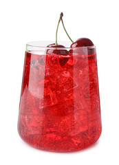 Tasty cherry soda water with ice cubes and berries isolated on white