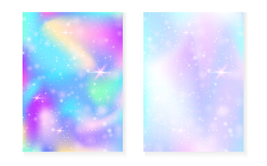 Magic background with princess rainbow gradient. Kawaii unicorn hologram. Holographic fairy set. Vibrant fantasy cover. Magic background with sparkles and stars for cute girl party invitation. © Holo Art