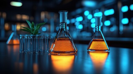 Lab scene with flasks and plant on a table