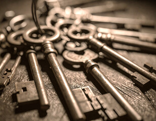 Fototapeta premium Antique Illustration: Keys to Days Past - Old Skeleton Keys - Time Before Technology 112