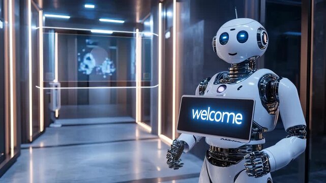 Futuristic Robot Greeter in Modern Office Lobby