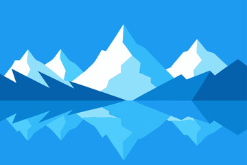 Geometric snowy mountains reflected in calm blue water