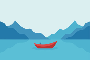 Solitary red boat on a calm lake with distant blue mountains