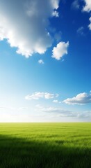 Vibrant Green Field Under a Bright Blue Sky with Fluffy Clouds