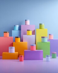 Obraz premium Colorful containers arranged neatly on podiums in minimal product layout.