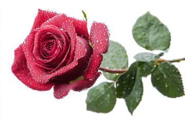 Beautiful pink rose with water drops isolated on white background