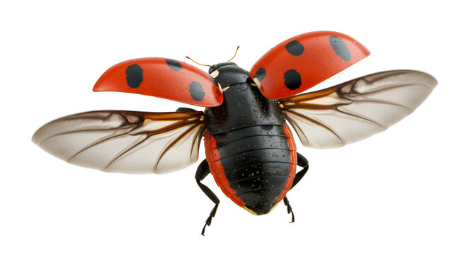 Close-up of a flying ladybug with open wings and red spotted elytra, captured on a clean white background.