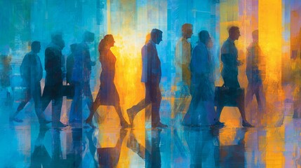 an urban scene featuring a group of people captured mid stride in a walkway