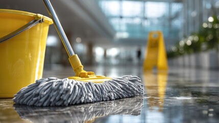 Cleanliness Essentials: Mop and Bucket in Modern Building Interior