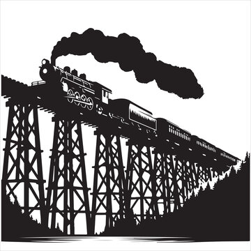 A silhouette illustration of a vintage steam train crossing a high wooden trestle bridge, billowing smoke.