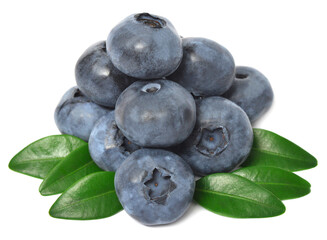 Blueberry macro with leaves isolated on white background