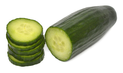 Cucumber half and cut rings isolated on white background