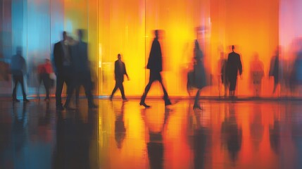 a bustling urban nightscape, where people are reflected in the rain soaked ground