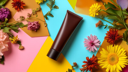 Chocolate colored body cream in brown paper tube on colorful floral and geometric plain background