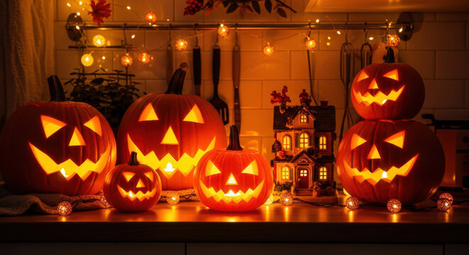 A Festive Halloween Display Featuring Carved Pumpkins and a Miniature Haunted House Illuminated by String Lights, Creating a Warm and Inviting Scene